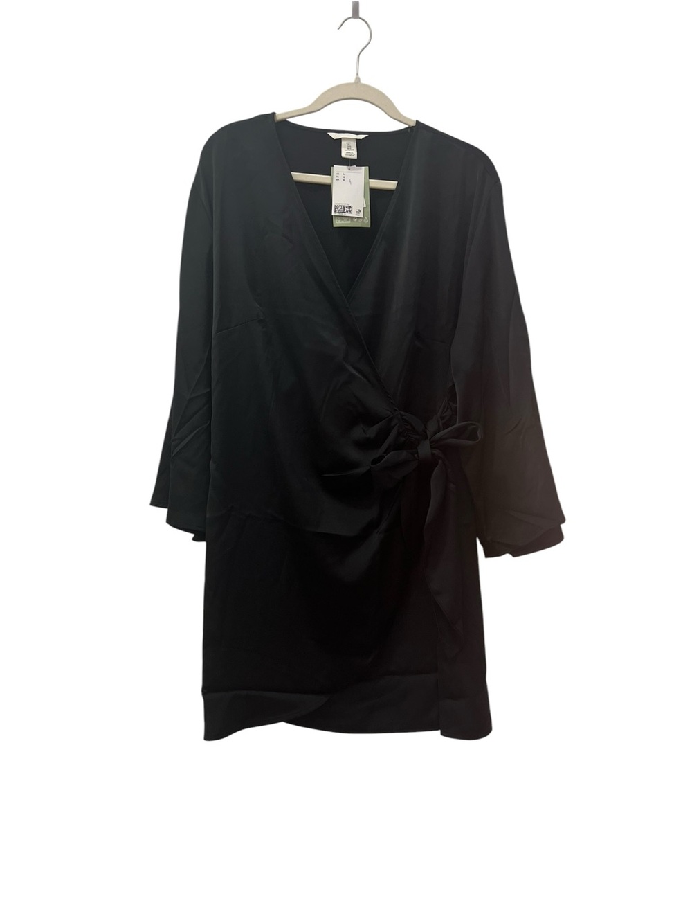 H&M Black Satin Kimono Sleeve Wrap Dress Recycled Poly NWT L